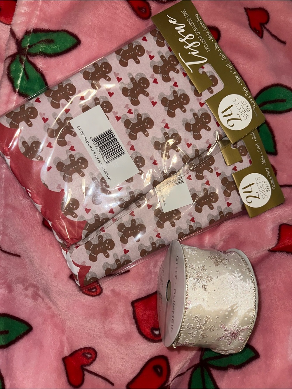 Marshalls Pink Gingerbread Print Gift Wrap Set with Cream Decorative Ribbon